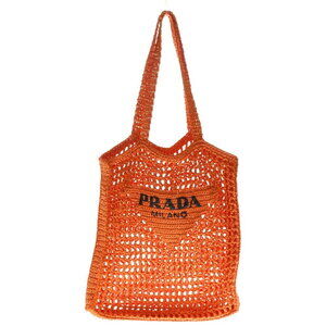 PRADA Triangle Logo Raffia Basket Tote Bag Orange Black